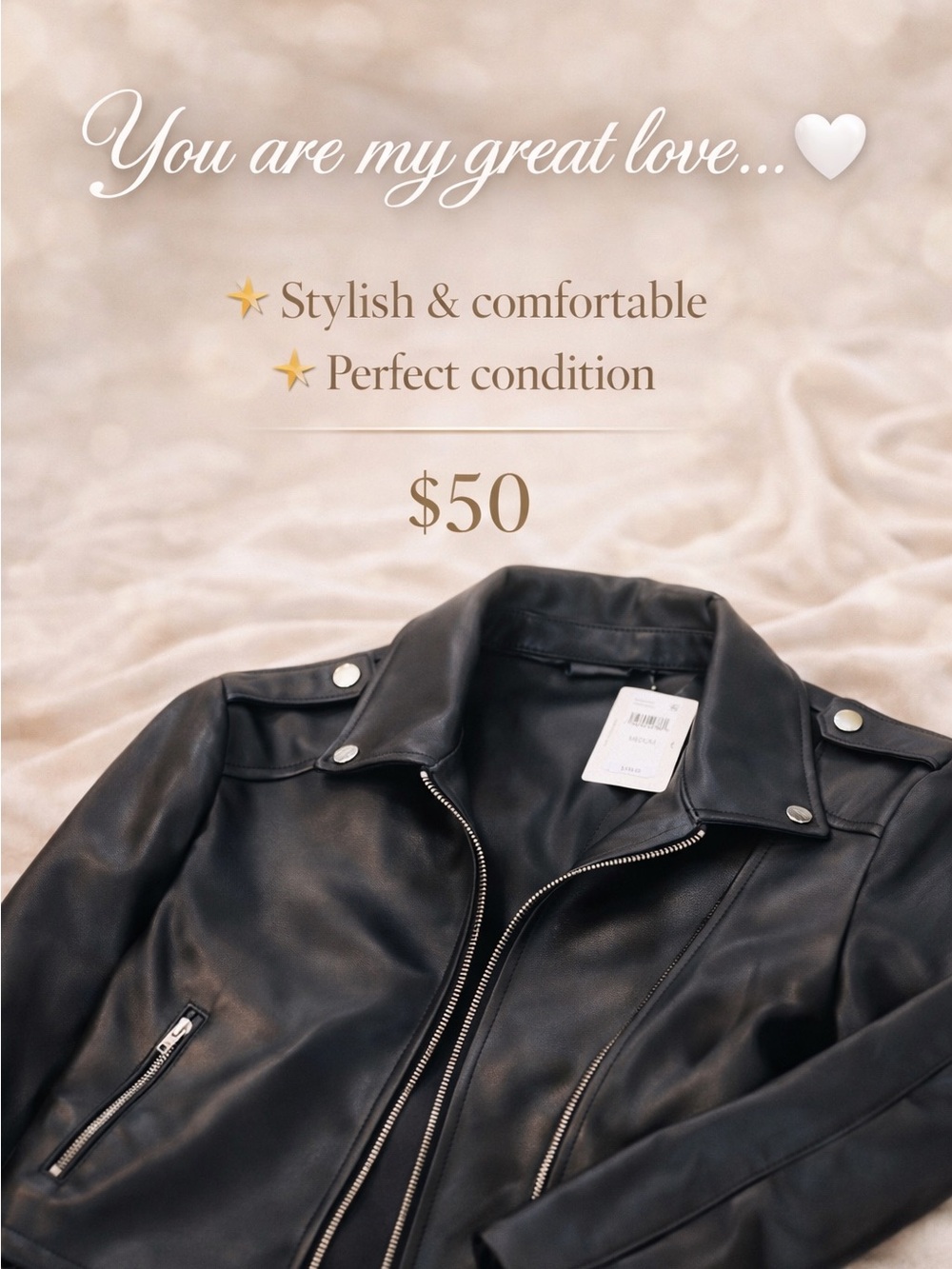 Calvin Klein Black Faux Leather Moto Jacket with Silver Zippers